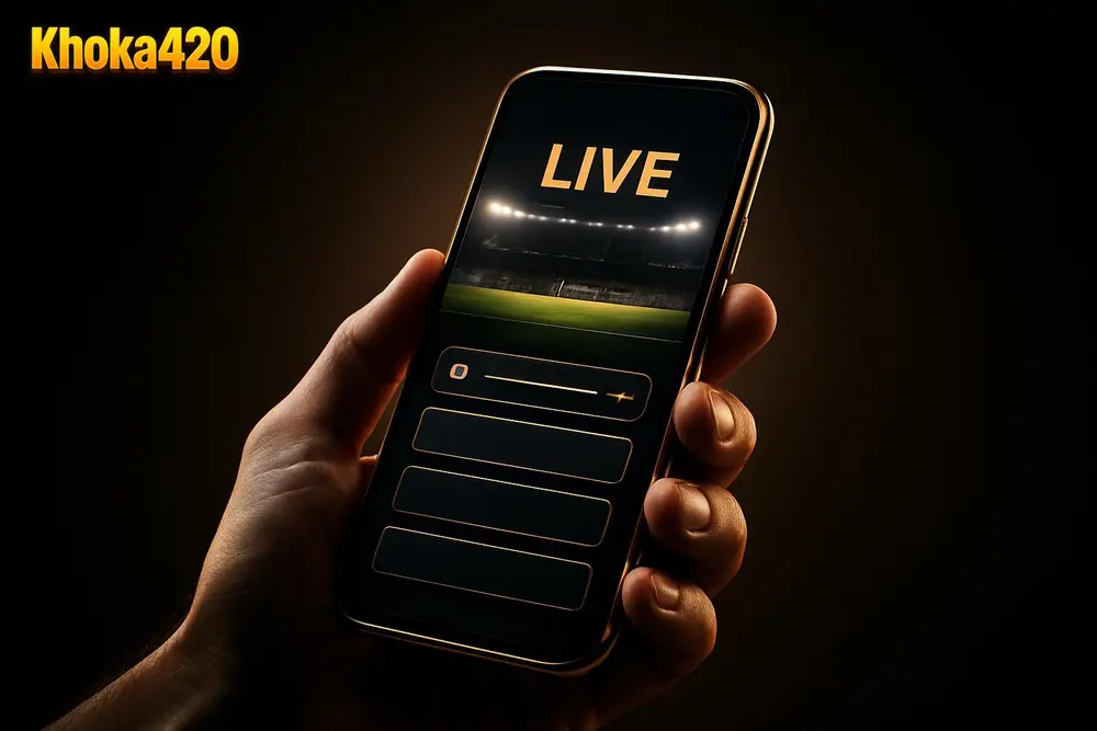 Khoka420 App โ a hand holding a phone with a live sports betting screen Khoka420 App โ a hand holding a phone with a live sports betting screen