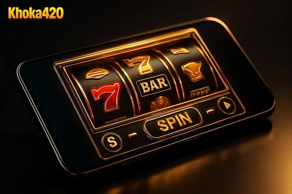 Khoka420 App โ a smartphone showing a glowing online casino slot game app Khoka420 App โ a smartphone showing a glowing online casino slot game app