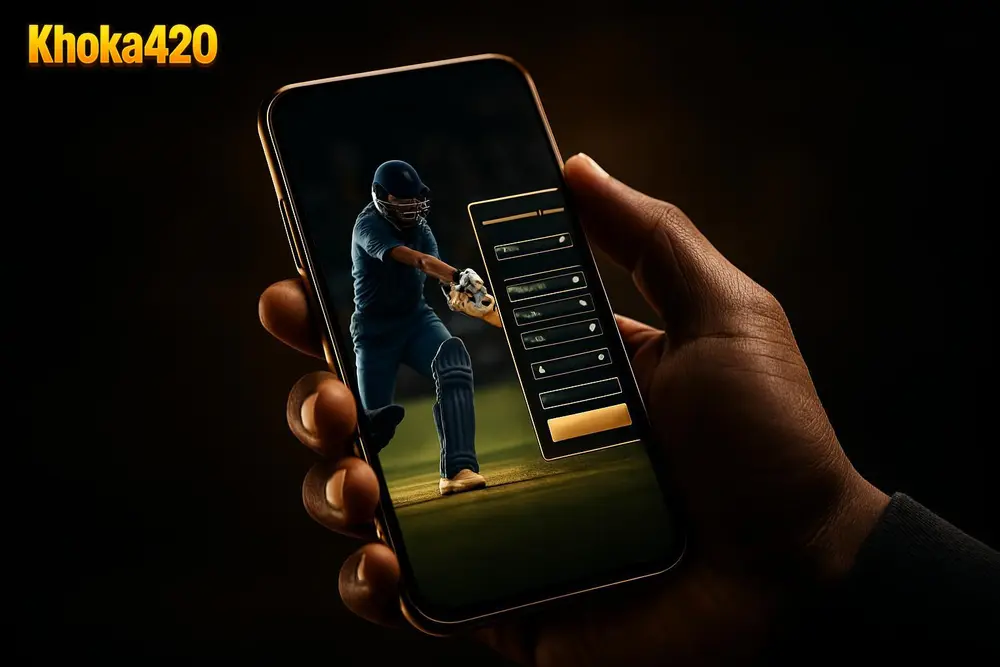 Khoka420 Betting โ a fan watching cricket on a phone with a betting slip overlay Khoka420 Betting โ a fan watching cricket on a phone with a betting slip overlay