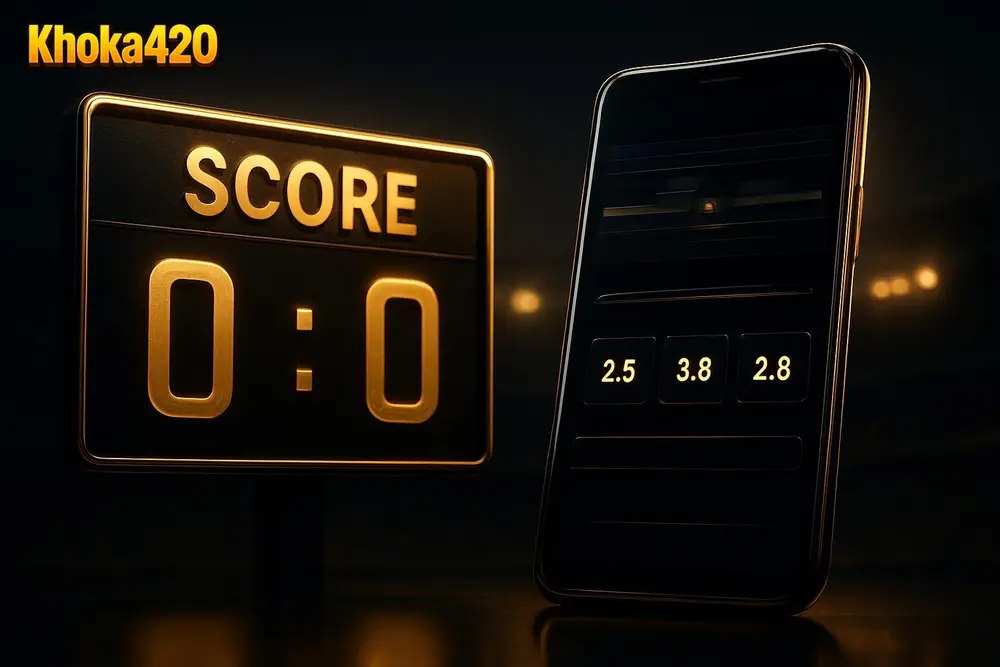 Khoka420 Betting โ a stadium scoreboard glowing beside a smartphone showing live match odds Khoka420 Betting โ a stadium scoreboard glowing beside a smartphone showing live match odds
