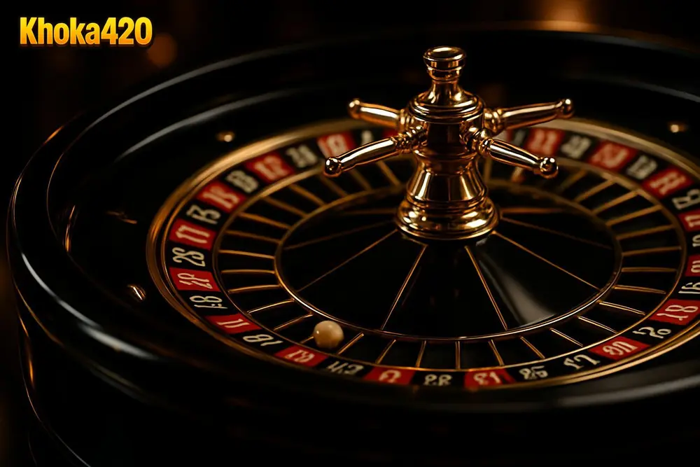 Khoka420 Casino โ a roulette wheel spinning under warm golden casino lighting Khoka420 Casino โ a roulette wheel spinning under warm golden casino lighting