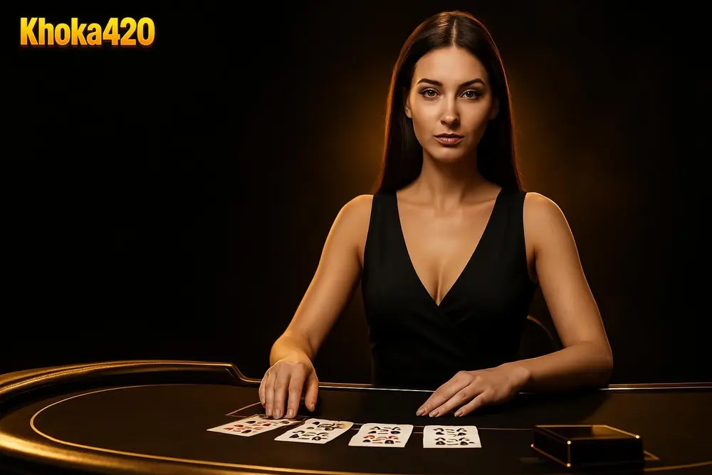Khoka420 Casino โ a live dealer at a glowing gold and black casino table with cards Khoka420 Casino โ a live dealer at a glowing gold and black casino table with cards