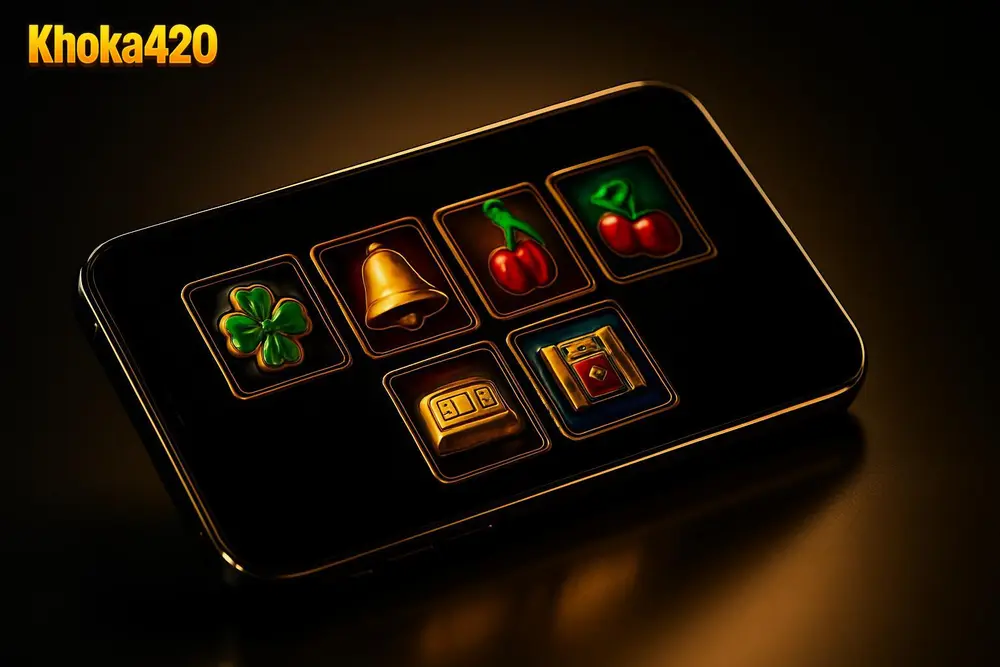 Khoka420 Bangladesh โ a smartphone displaying colorful slot game icons on a black gold background Khoka420 Bangladesh โ a smartphone displaying colorful slot game icons on a black gold background
