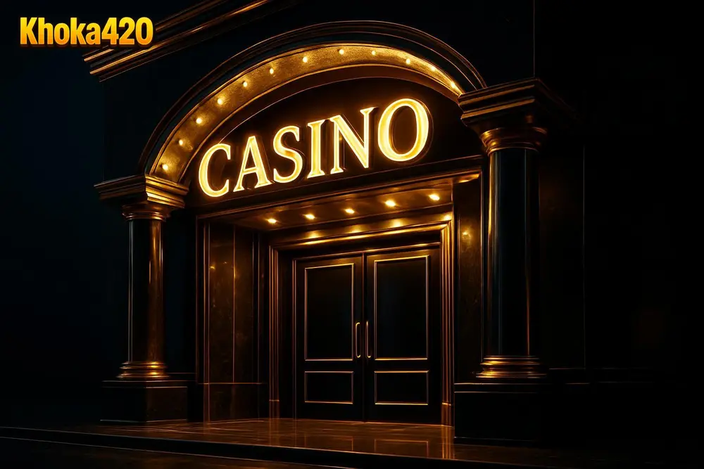 Khoka420 Bangladesh โ a glowing golden casino entrance with black marble pillars at night Khoka420 Bangladesh โ a glowing golden casino entrance with black marble pillars at night