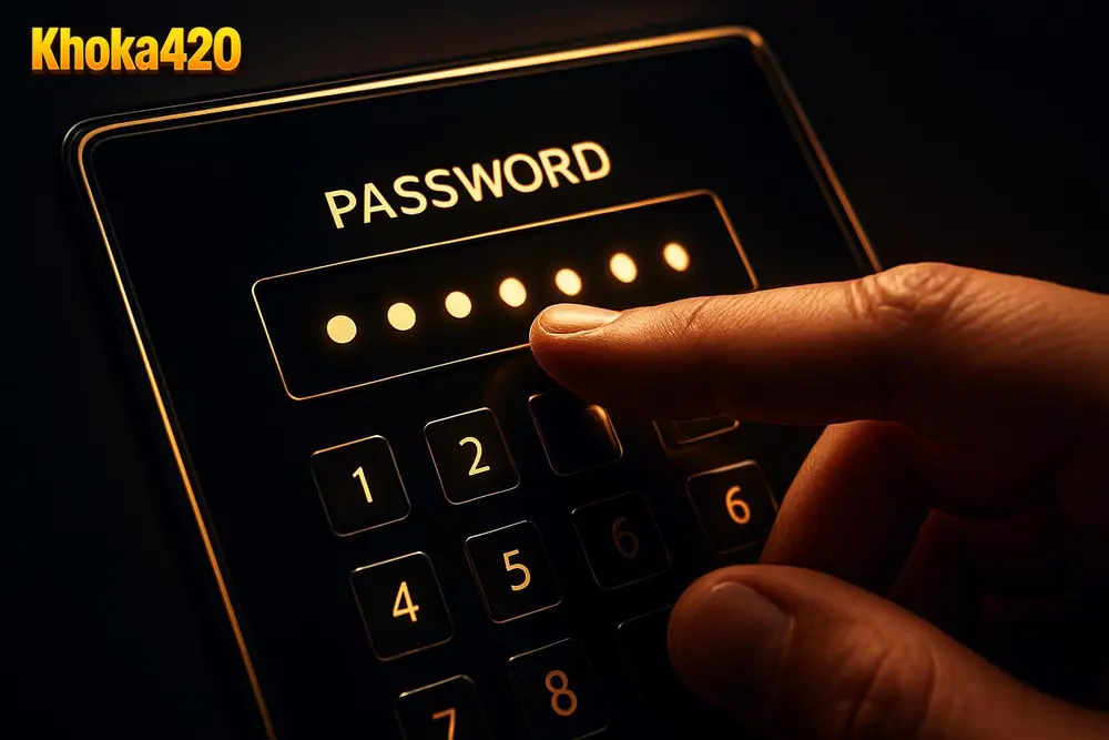 Khoka420 Login โ a hand entering a password on a glowing black and gold interface Khoka420 Login โ a hand entering a password on a glowing black and gold interface
