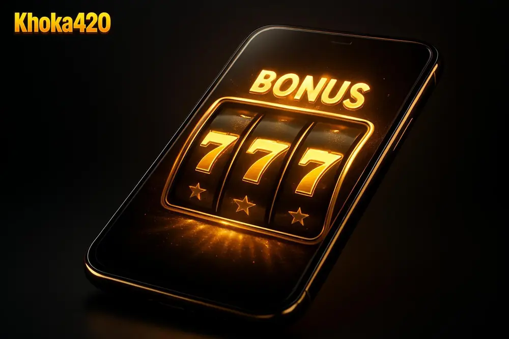 Khoka420 Slots โ a smartphone glowing with a golden slot game bonus round animation Khoka420 Slots โ a smartphone glowing with a golden slot game bonus round animation