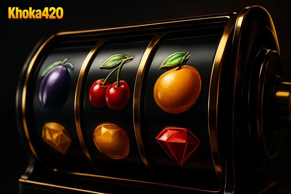 Khoka420 Slots โ a colorful slot machine reel spinning with fruit and gem symbols Khoka420 Slots โ a colorful slot machine reel spinning with fruit and gem symbols